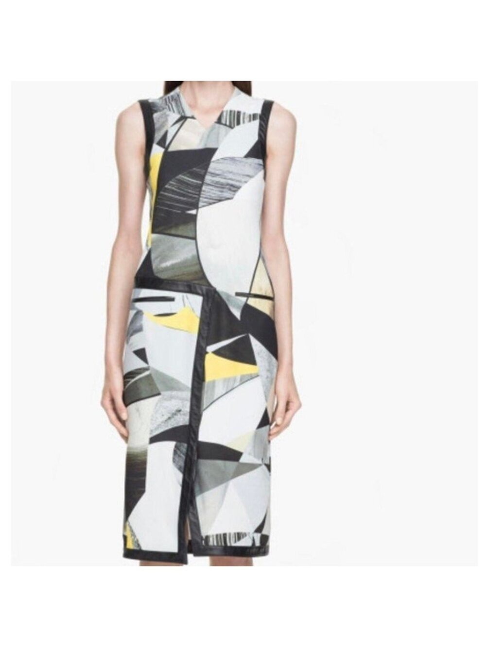Helmut Lang Sleeveless Geometric Print Dress in White, Black & Yellow